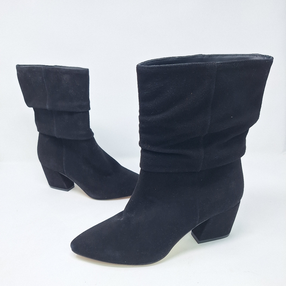Botkier Skylar Black Suede Pounted Toe Heeled Boot With Folded Slouchy Look